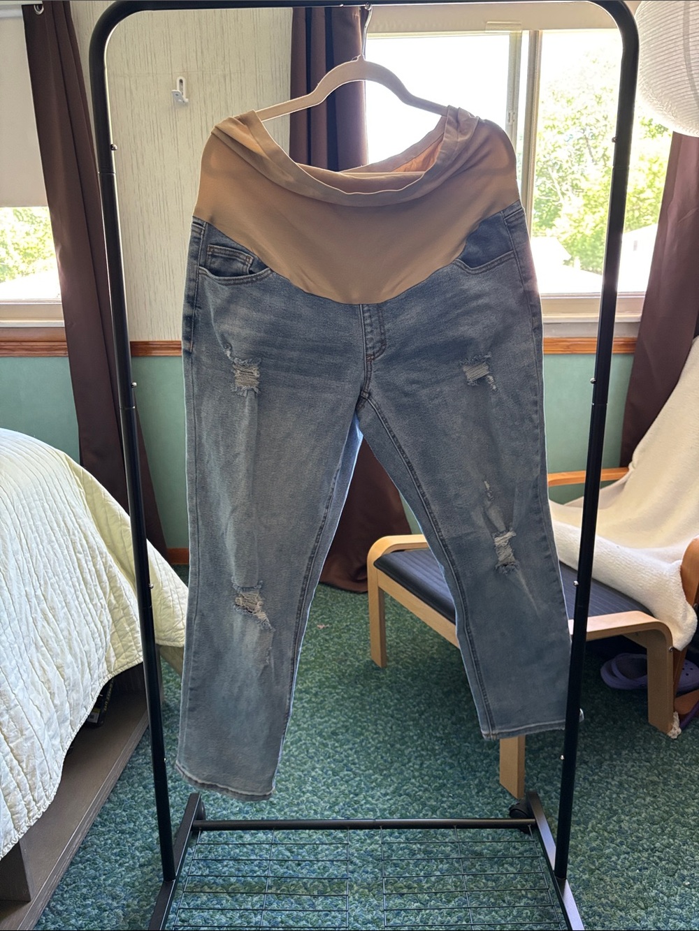 Maternity Distressed Blue Jeans with Tan Waistband